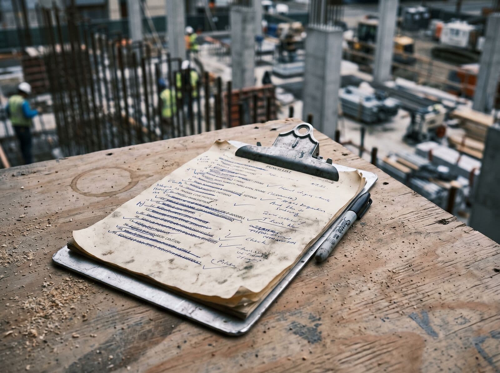 Weathered paper punch list on a metal clipboard resting on plywood at an active construction site