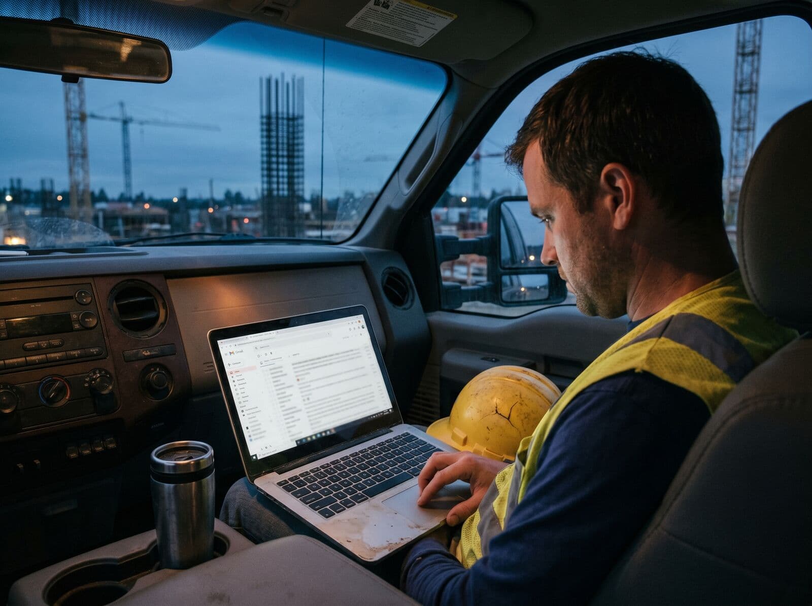 Project manager in a hi-vis vest scrolling a long email thread on a laptop in a parked pickup at blue hour