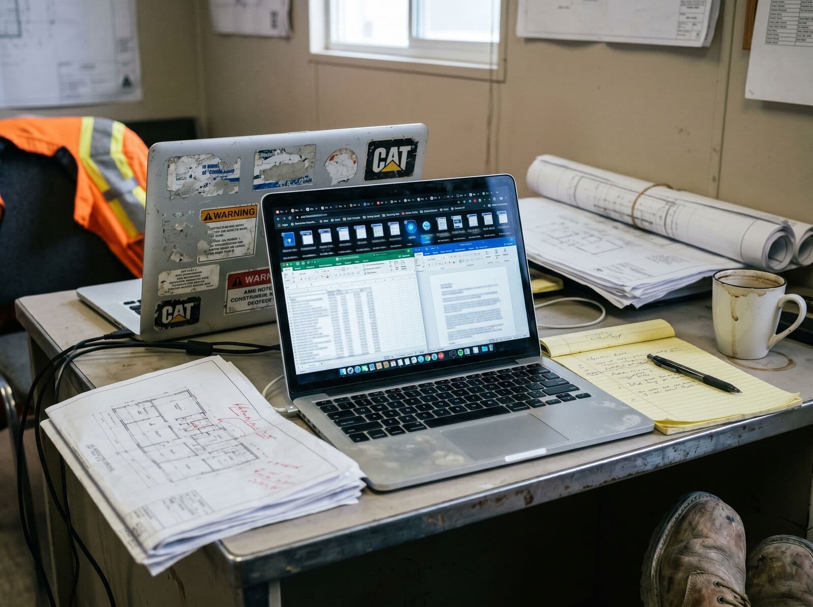 Cluttered laptop screen full of browser tabs on a site-trailer desk with rolled plan sheets and a coffee cup